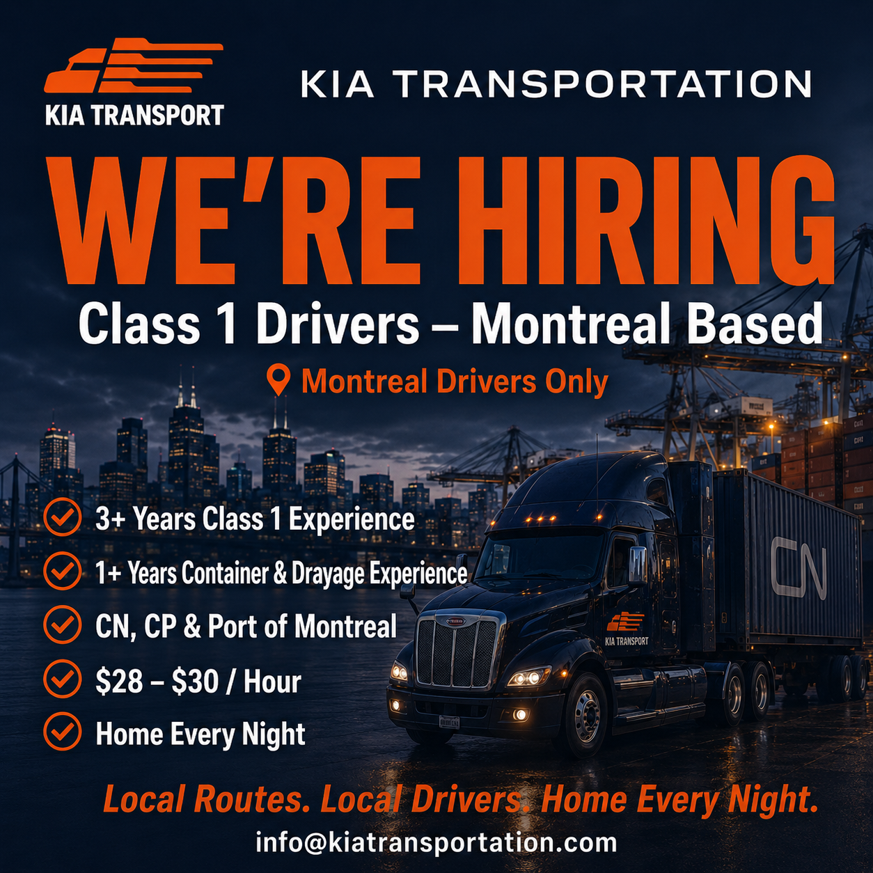 KIA Transport is hiring Class 1 drivers in Montreal
